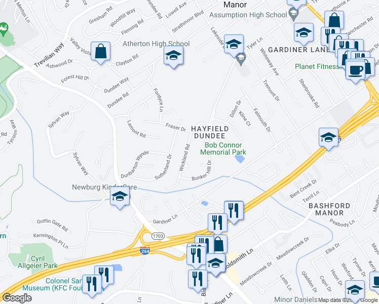 map of restaurants, bars, coffee shops, grocery stores, and more near 3025 Wickland Road in Louisville