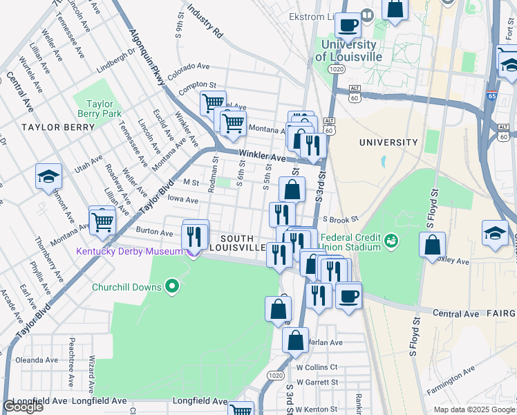 map of restaurants, bars, coffee shops, grocery stores, and more near 2832 South 5th Street in Louisville