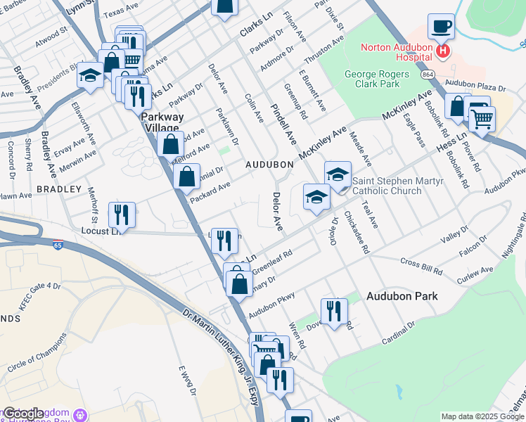 map of restaurants, bars, coffee shops, grocery stores, and more near 2915 Glenafton Lane in Louisville