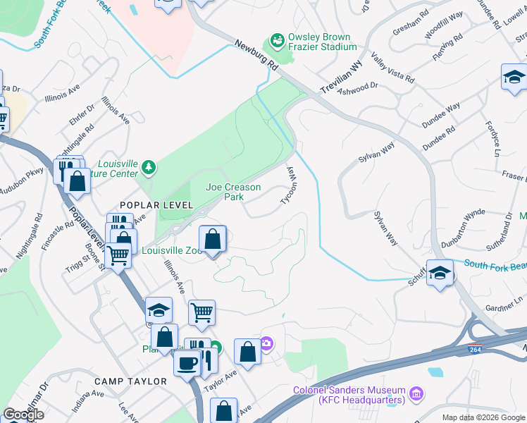 map of restaurants, bars, coffee shops, grocery stores, and more near 1305 Tycoon Way in Louisville