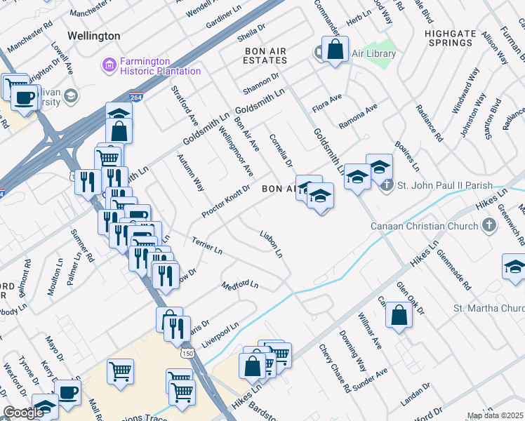 map of restaurants, bars, coffee shops, grocery stores, and more near 3503 Meadow Court in Louisville