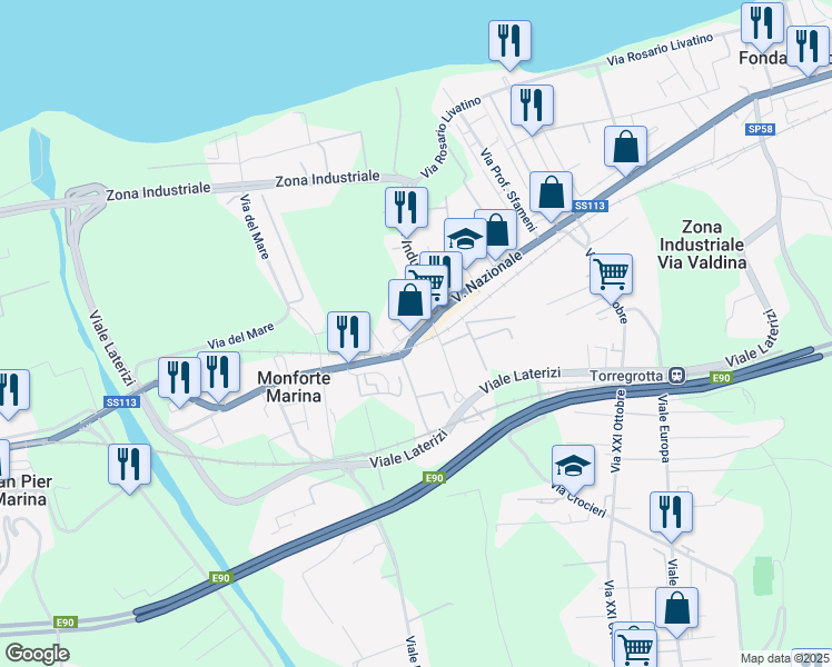 map of restaurants, bars, coffee shops, grocery stores, and more near 7 Via Nazionale in Torregrotta
