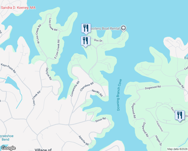 map of restaurants, bars, coffee shops, grocery stores, and more near Navajo Road in Village of Four Seasons