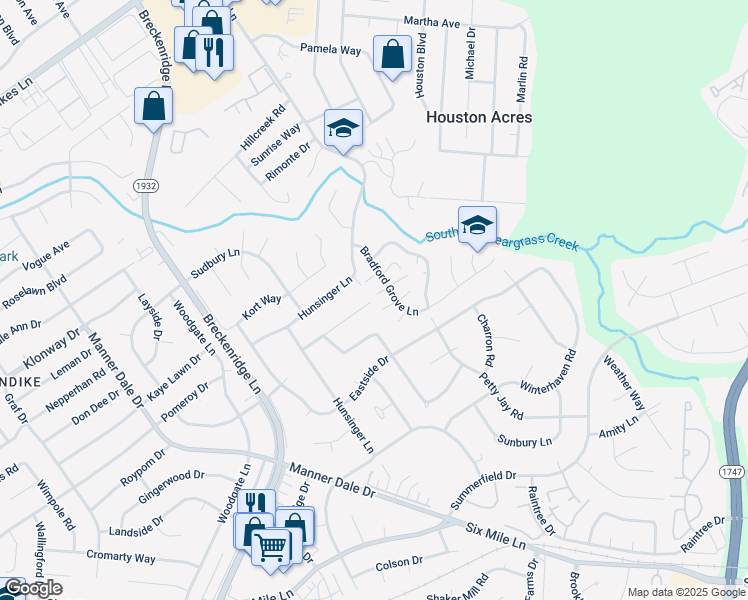 map of restaurants, bars, coffee shops, grocery stores, and more near 7400 Andrew Court in Louisville