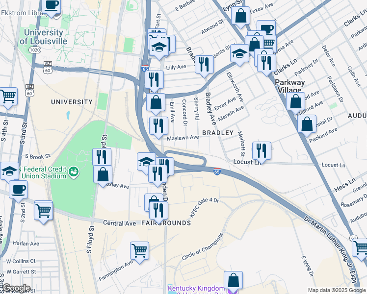 map of restaurants, bars, coffee shops, grocery stores, and more near 2510 Concord Drive in Louisville
