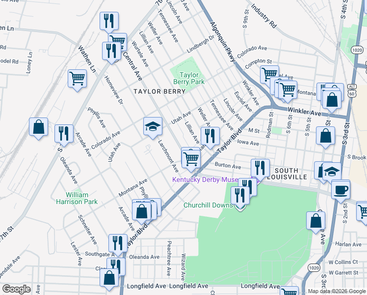 map of restaurants, bars, coffee shops, grocery stores, and more near 1213 Central Avenue in Louisville