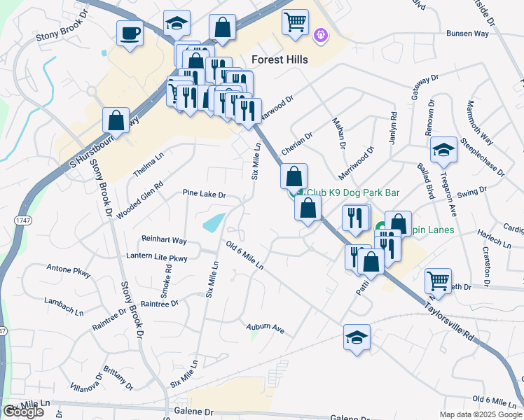 map of restaurants, bars, coffee shops, grocery stores, and more near 2529 6 Mile Lane in Louisville