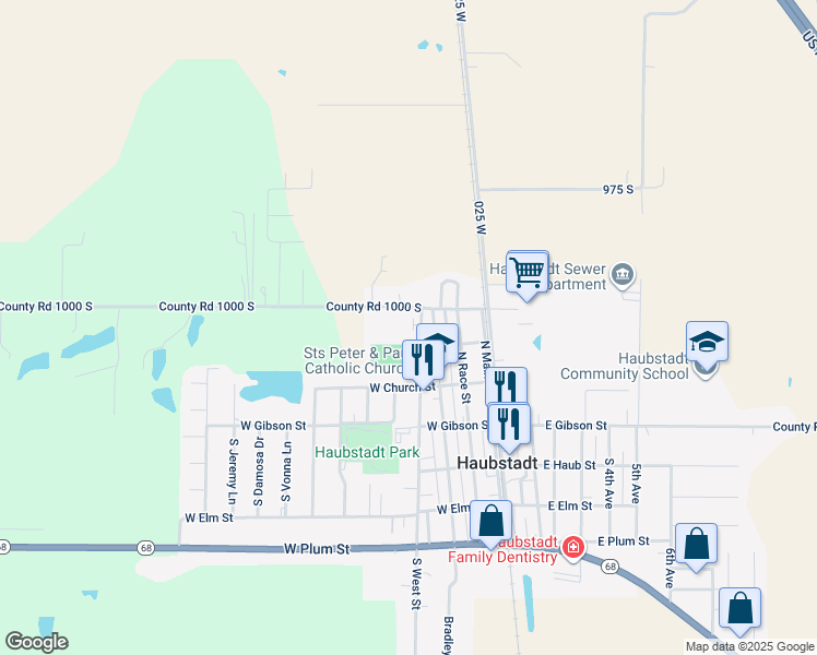 map of restaurants, bars, coffee shops, grocery stores, and more near 315 North West Street in Haubstadt