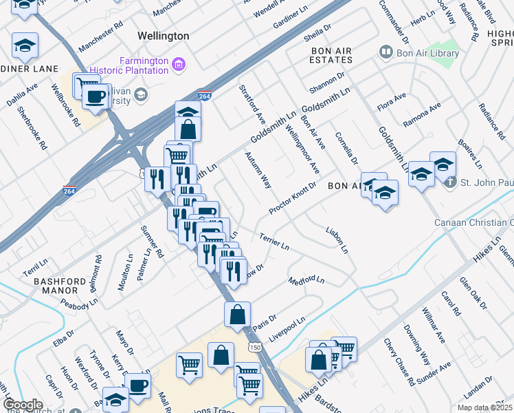 map of restaurants, bars, coffee shops, grocery stores, and more near 3316 Willow Way in Louisville
