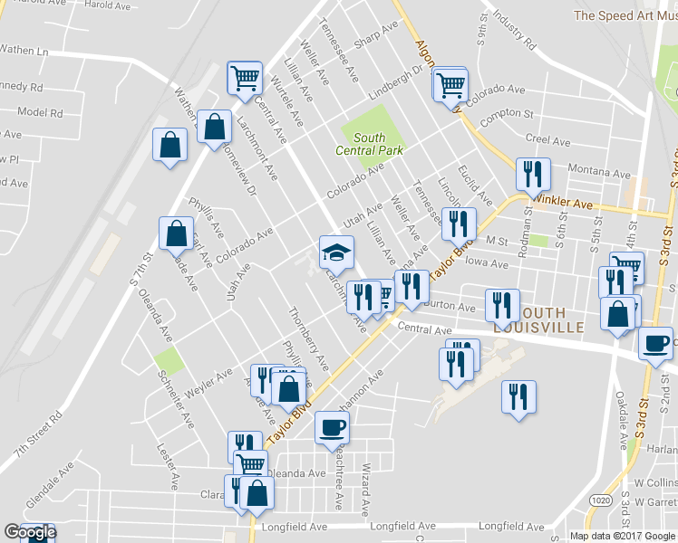 map of restaurants, bars, coffee shops, grocery stores, and more near 1219 Larchmont Avenue in Louisville