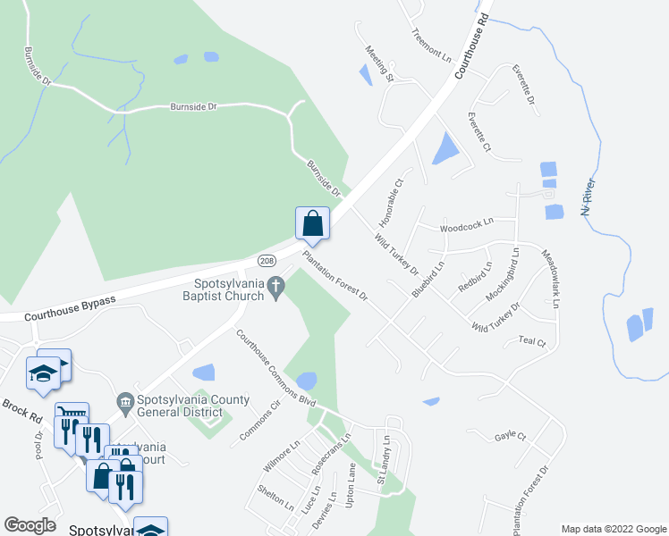 map of restaurants, bars, coffee shops, grocery stores, and more near 7305 Plantation Forest Drive in Spotsylvania Courthouse