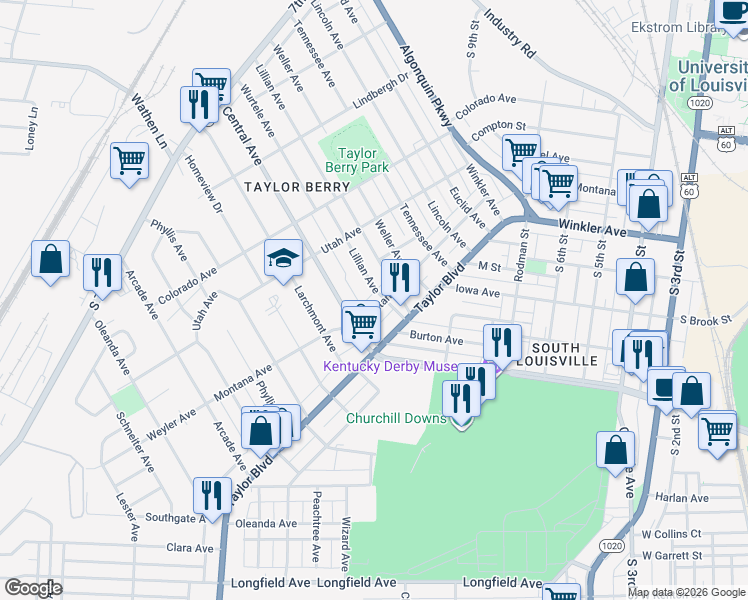 map of restaurants, bars, coffee shops, grocery stores, and more near 3104 Montana Avenue in Louisville