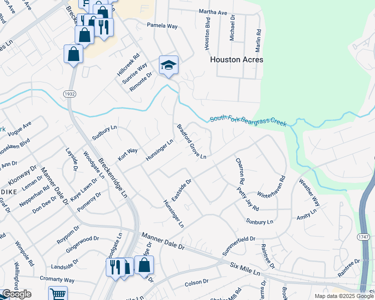 map of restaurants, bars, coffee shops, grocery stores, and more near 7400 Andrew Court in Louisville