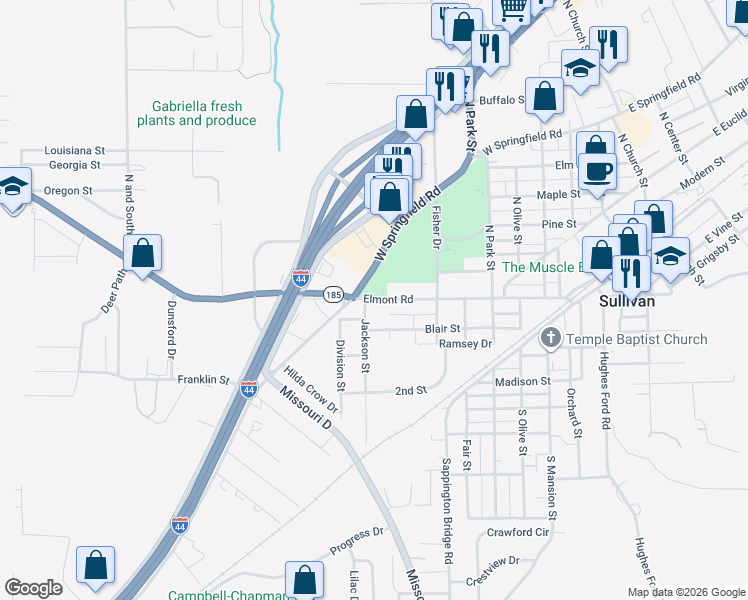 map of restaurants, bars, coffee shops, grocery stores, and more near 518 Elmont Road in Sullivan