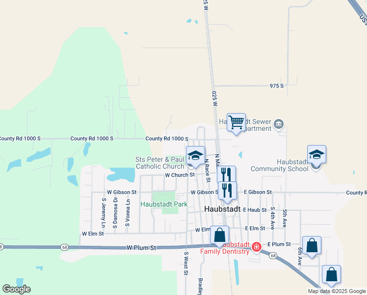 map of restaurants, bars, coffee shops, grocery stores, and more near 315 North West Street in Haubstadt