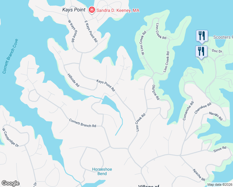map of restaurants, bars, coffee shops, grocery stores, and more near 385 Kays Point Rd in Village of Four Seasons