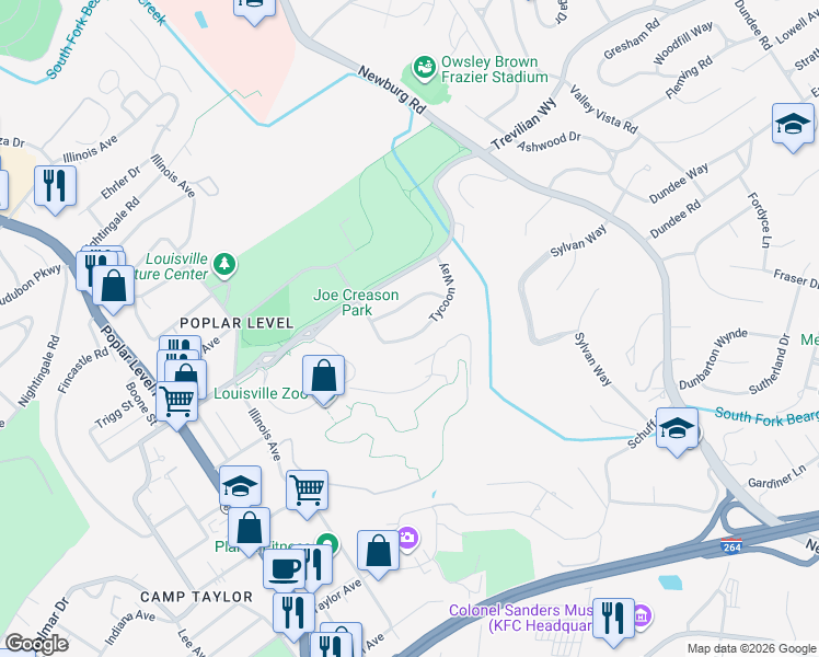 map of restaurants, bars, coffee shops, grocery stores, and more near 1305 Tycoon Way in Louisville