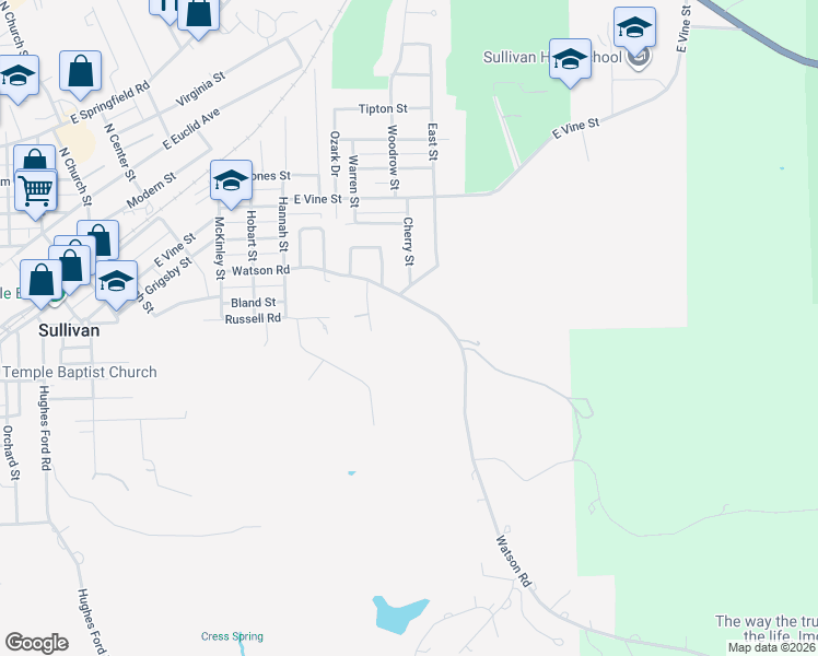 map of restaurants, bars, coffee shops, grocery stores, and more near 324 Cash Street in Sullivan