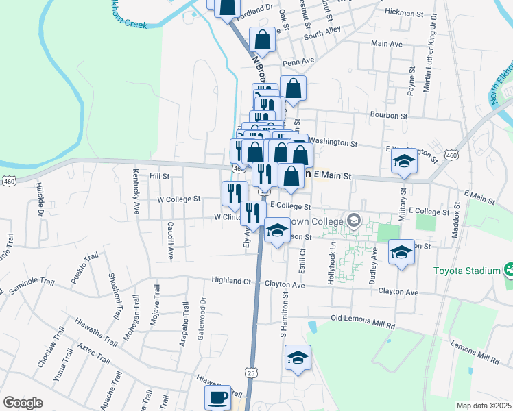 map of restaurants, bars, coffee shops, grocery stores, and more near 123 West Clinton Street in Georgetown