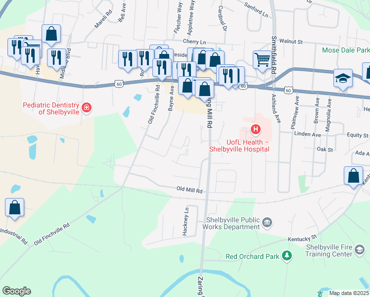 map of restaurants, bars, coffee shops, grocery stores, and more near 754 Marian Village Drive in Shelbyville