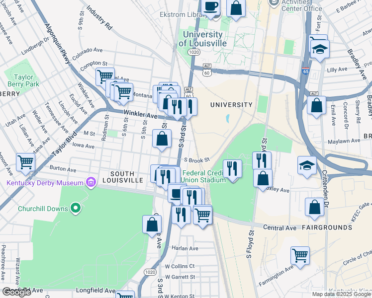 map of restaurants, bars, coffee shops, grocery stores, and more near 2819 South 2nd Street in Louisville