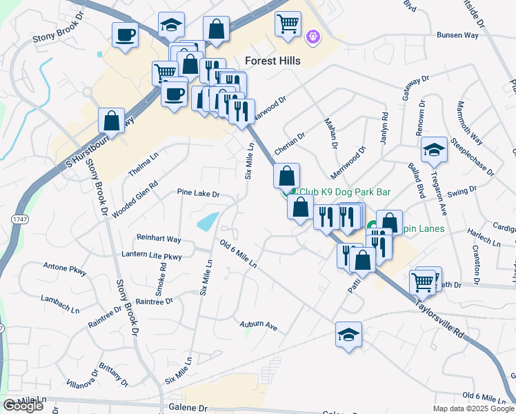map of restaurants, bars, coffee shops, grocery stores, and more near 2529 6 Mile Lane in Louisville