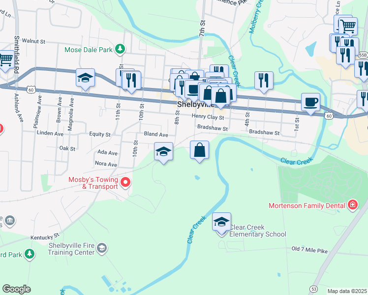 map of restaurants, bars, coffee shops, grocery stores, and more near Ginkgo Drive in Shelbyville