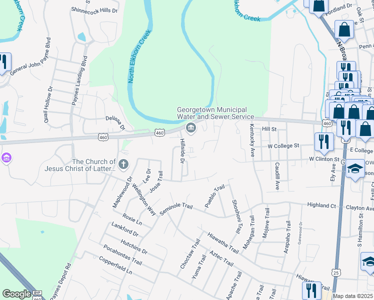 map of restaurants, bars, coffee shops, grocery stores, and more near 100 Hillside Drive in Georgetown