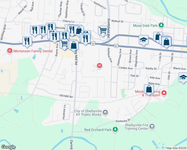 map of restaurants, bars, coffee shops, grocery stores, and more near 324 Cherry Wood Avenue in Shelbyville