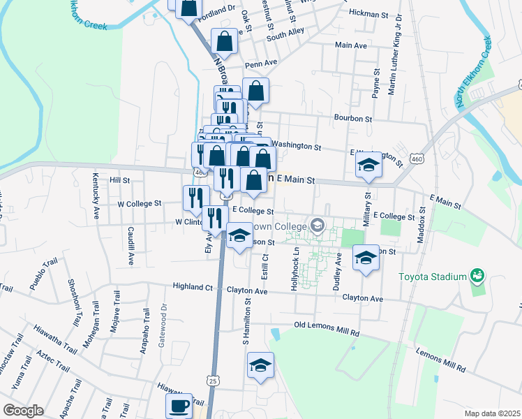 map of restaurants, bars, coffee shops, grocery stores, and more near 221 East College Street in Georgetown