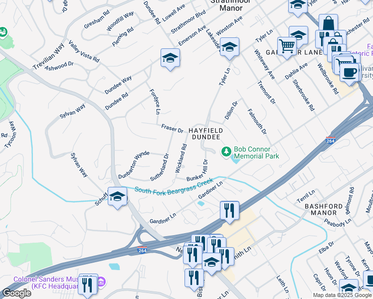 map of restaurants, bars, coffee shops, grocery stores, and more near 3025 Wickland Road in Louisville