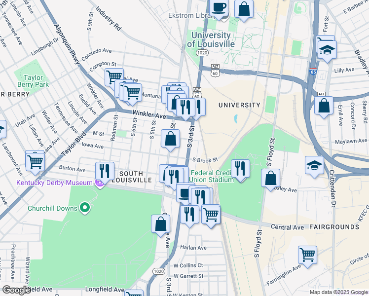 map of restaurants, bars, coffee shops, grocery stores, and more near 2822 South 3rd Street in Louisville