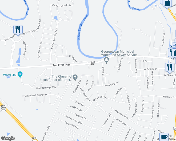 map of restaurants, bars, coffee shops, grocery stores, and more near 1100 West Main Street in Georgetown