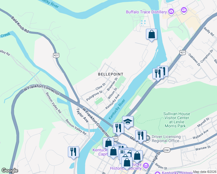 map of restaurants, bars, coffee shops, grocery stores, and more near 725 Polsgrove Street in Frankfort