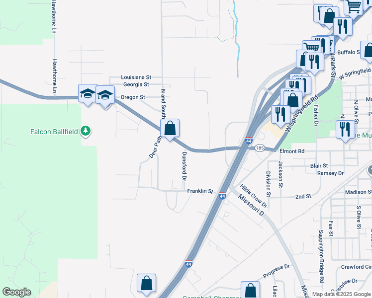 map of restaurants, bars, coffee shops, grocery stores, and more near 874 Dunsford Drive in Sullivan