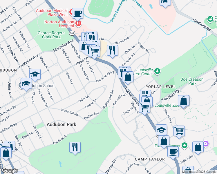 map of restaurants, bars, coffee shops, grocery stores, and more near 1419 Falcon Drive in Louisville