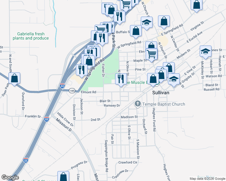 map of restaurants, bars, coffee shops, grocery stores, and more near 130 Gray Street in Sullivan