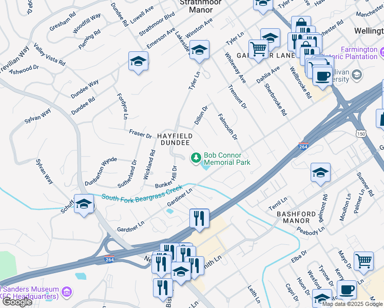 map of restaurants, bars, coffee shops, grocery stores, and more near 3012 Rexford Way in Louisville