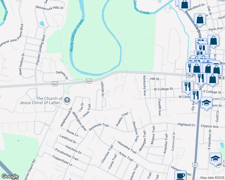 map of restaurants, bars, coffee shops, grocery stores, and more near 100 Hillside Drive in Georgetown