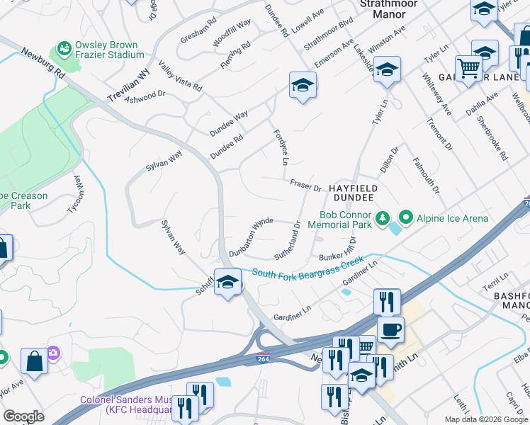 map of restaurants, bars, coffee shops, grocery stores, and more near 1626 Dunbarton Wynde in Louisville