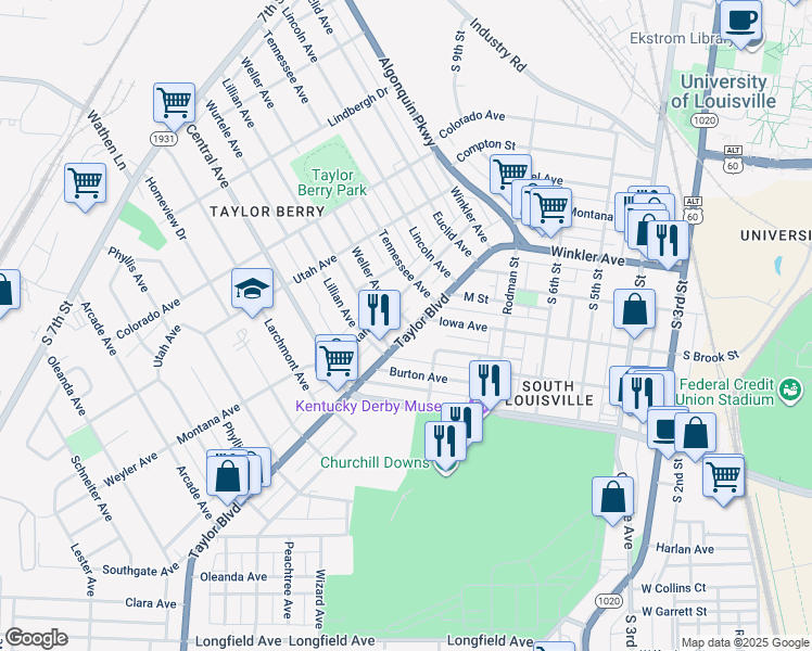 map of restaurants, bars, coffee shops, grocery stores, and more near 2914 Taylor Boulevard in Louisville