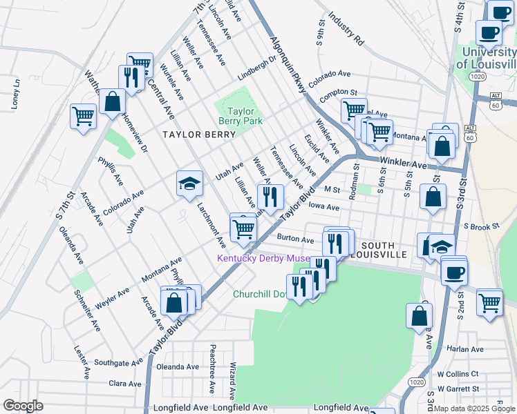 map of restaurants, bars, coffee shops, grocery stores, and more near 3102 Montana Avenue in Louisville