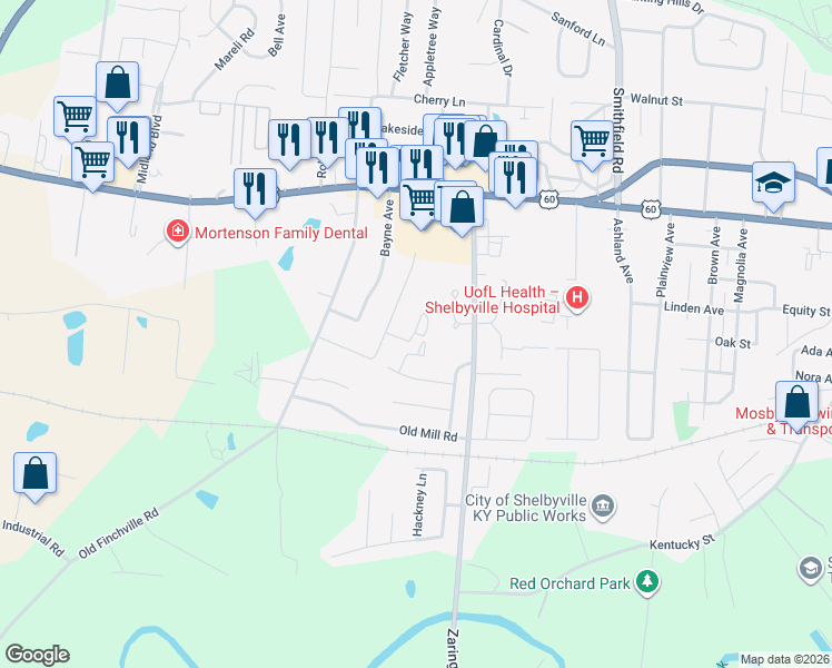 map of restaurants, bars, coffee shops, grocery stores, and more near 799 Lynn Acres Road in Shelbyville