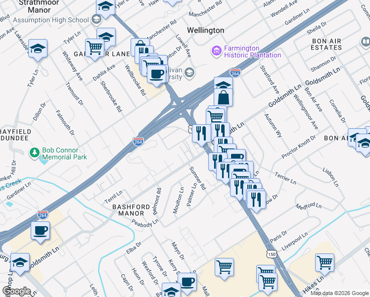 map of restaurants, bars, coffee shops, grocery stores, and more near 2153 Goldsmith Lane in Louisville