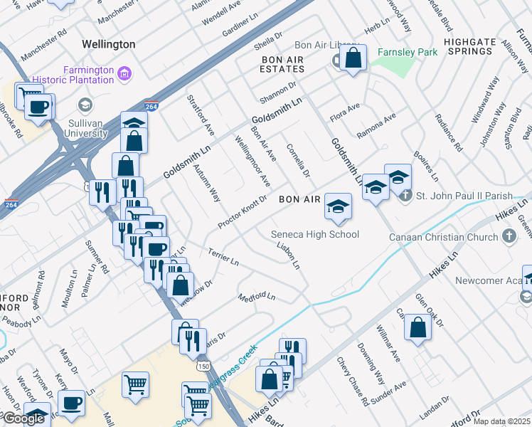 map of restaurants, bars, coffee shops, grocery stores, and more near 3503 Meadow Court in Louisville