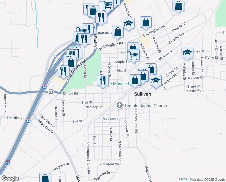 map of restaurants, bars, coffee shops, grocery stores, and more near 57 Elmont Road in Sullivan