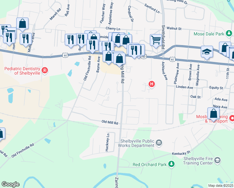 map of restaurants, bars, coffee shops, grocery stores, and more near 126 Clifton Court in Shelbyville