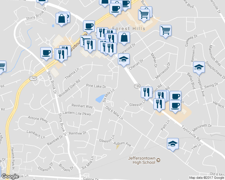 map of restaurants, bars, coffee shops, grocery stores, and more near 9205 Pine Lake Drive in Louisville
