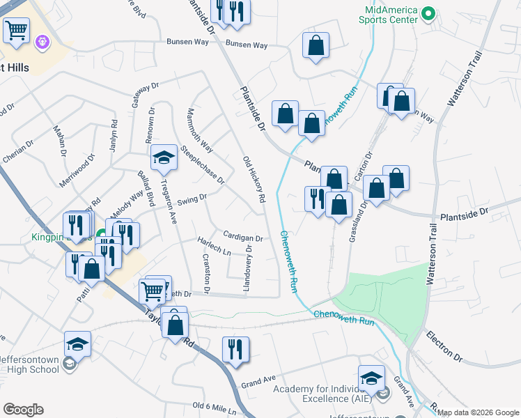 map of restaurants, bars, coffee shops, grocery stores, and more near 2503 Post Court in Louisville