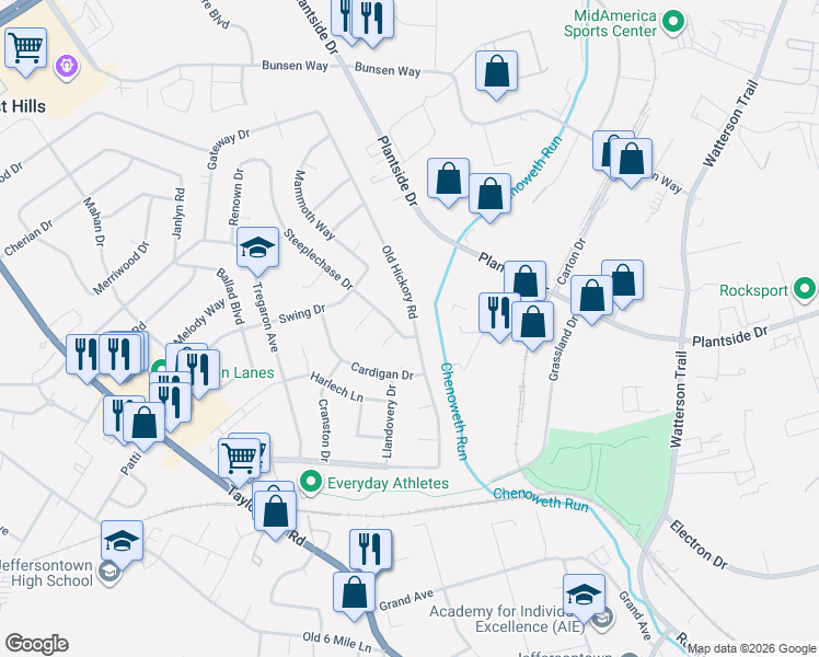 map of restaurants, bars, coffee shops, grocery stores, and more near 2503 Post Court in Louisville